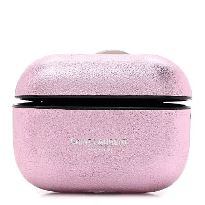 Saint Laurent Metallic Calfskin Paris Airpods Pro Holder New Azalea -FINAL SALE NO RETURNS