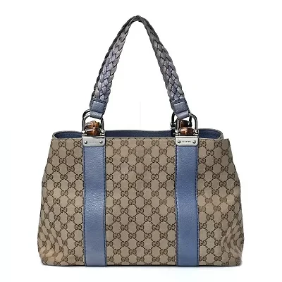 Gucci Monogram Medium Bamboo Bar Tote Blue -FINAL SALE NO RETURNS