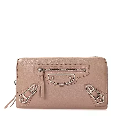 Balenciaga Chevre Gold Metallic Edge Hardware Continental Zip Around Wallet Rose De Sables -FINAL SALE NO RETURNS
