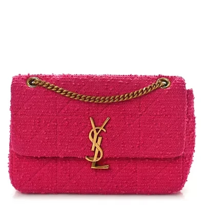 Saint Laurent Boucle Tweed Patchwork Monogram Medium Jamie Baguette Magenta -FINAL SALE NO RETURNS