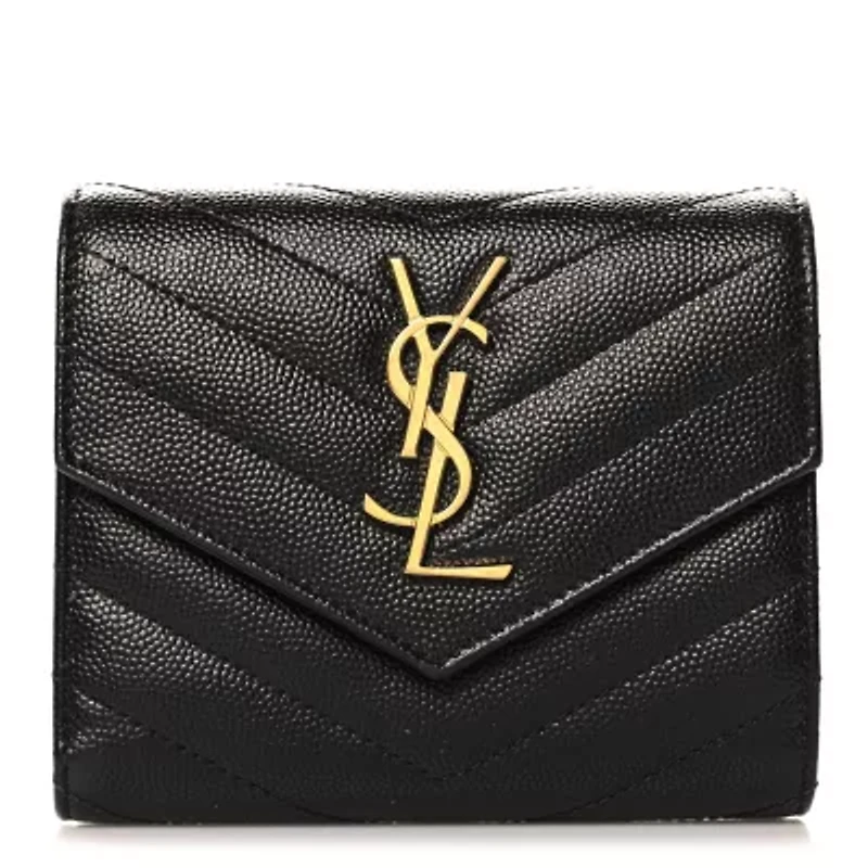 Saint Laurent Grain De Poudre Matelasse Chevron Monogram Compact Tri Fold Wallet Black -FINAL SALE NO RETURNS