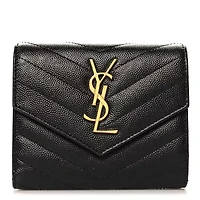 Saint Laurent Grain De Poudre Matelasse Chevron Monogram Compact Tri Fold Wallet Black -FINAL SALE NO RETURNS