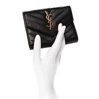 Saint Laurent Grain De Poudre Matelasse Chevron Monogram Compact Tri Fold Wallet Black -FINAL SALE NO RETURNS