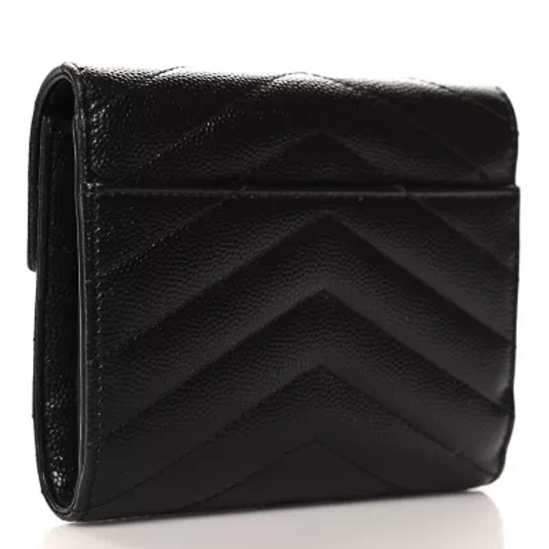 Saint Laurent Grain De Poudre Matelasse Chevron Monogram Compact Tri Fold Wallet Black -FINAL SALE NO RETURNS