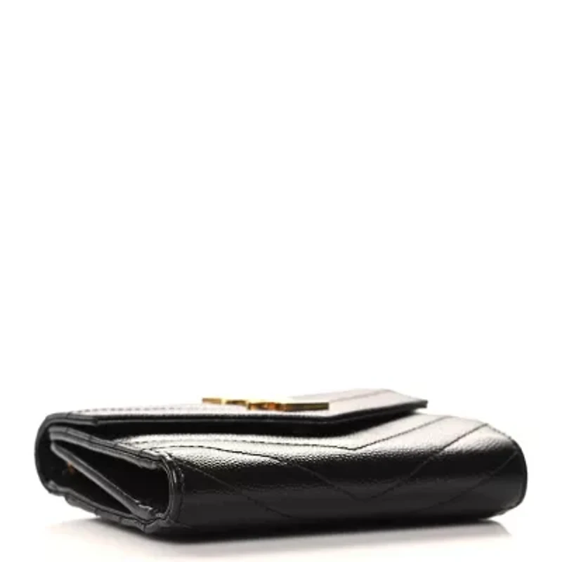 Saint Laurent Grain De Poudre Matelasse Chevron Monogram Compact Tri Fold Wallet Black -FINAL SALE NO RETURNS