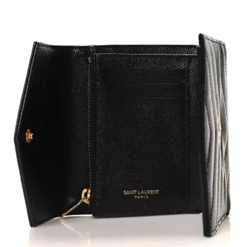 Saint Laurent Grain De Poudre Matelasse Chevron Monogram Compact Tri Fold Wallet Black -FINAL SALE NO RETURNS