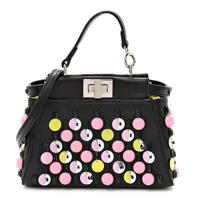 Fendi Nappa Beaded Micro Peekaboo Iconic Satchel Black Multicolor -FINAL SALE NO RETURNS