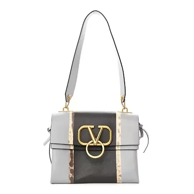 Valentino Smooth Calfskin Lizard Embossed Small Vring Shoulder Bag Grey Multicolor -FINAL SALE NO RETURNS