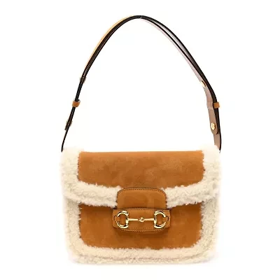 Gucci Suede Shearling Horsebit 1955 Shoulder Bag Brown -FINAL SALE NO RETURNS