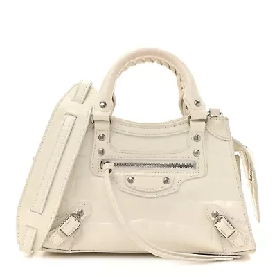 Balenciaga Semi Shiny Calfskin Crocodile Embossed Neo Classic Silver Hardware Mini City White -FINAL SALE NO RETURNS