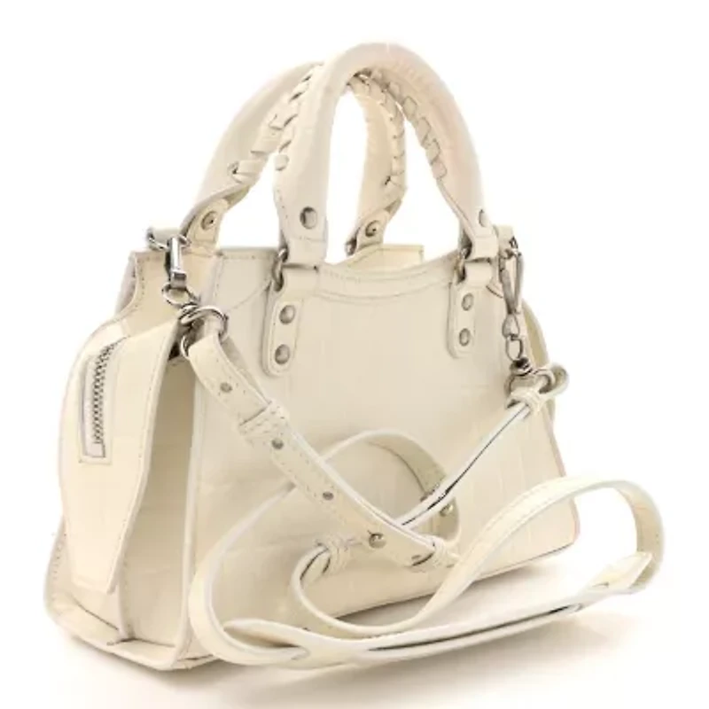 Balenciaga Semi Shiny Calfskin Crocodile Embossed Neo Classic Silver Hardware Mini City White -FINAL SALE NO RETURNS