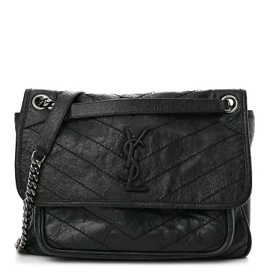 Saint Laurent Crinkled Calfskin Matelasse Monogram Medium Niki Chain Satchel Asphalt -FINAL SALE NO RETURNS