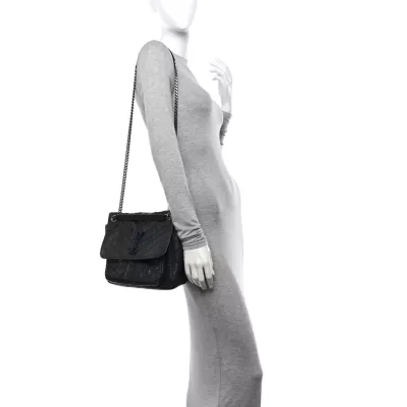 Saint Laurent Crinkled Calfskin Matelasse Monogram Medium Niki Chain Satchel Asphalt -FINAL SALE NO RETURNS