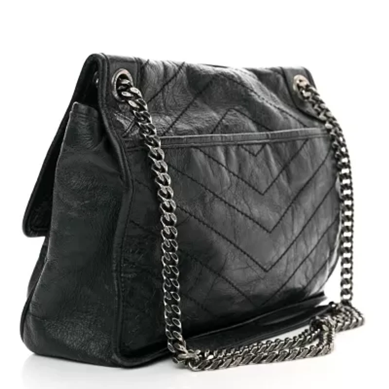 Saint Laurent Crinkled Calfskin Matelasse Monogram Medium Niki Chain Satchel Asphalt -FINAL SALE NO RETURNS