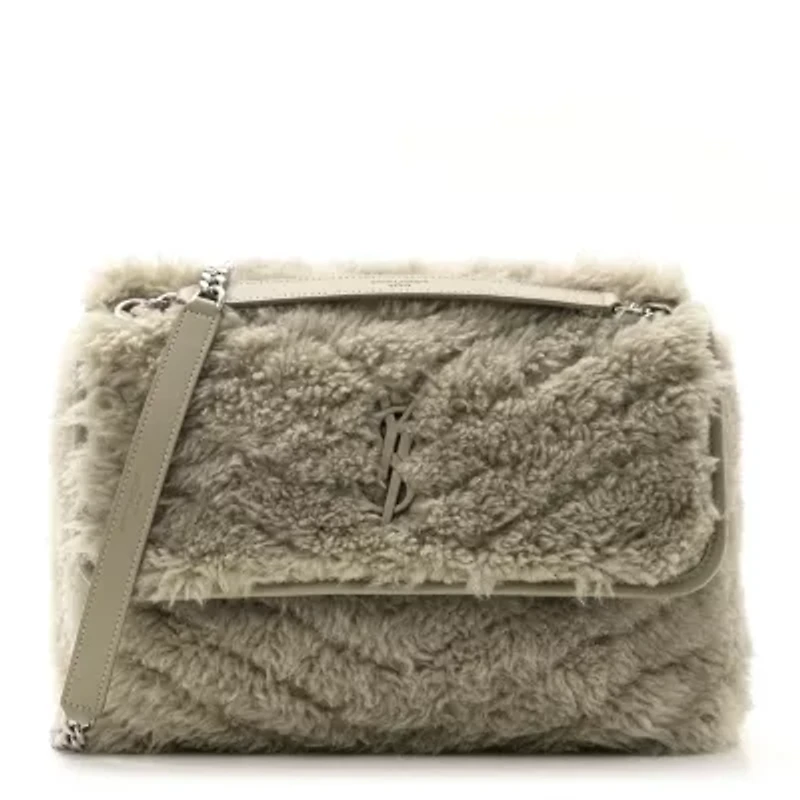 Saint Laurent Calfskin Shearling Monogram Medium Niki Chain Satchel Grey -FINAL SALE NO RETURNS