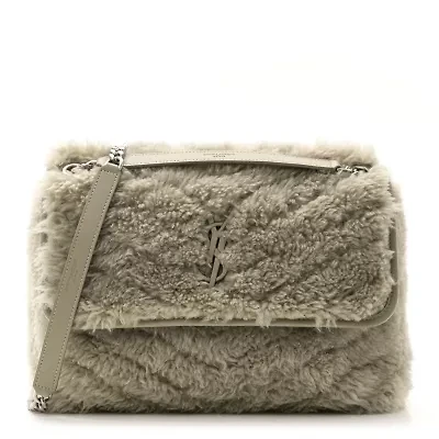 Saint Laurent Calfskin Shearling Monogram Medium Niki Chain Satchel Grey -FINAL SALE NO RETURNS