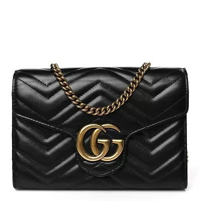 Gucci Calfskin Matelasse GG Marmont Chain Wallet Black -FINAL SALE NO RETURNS