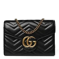 Gucci Calfskin Matelasse GG Marmont Chain Wallet Black -FINAL SALE NO RETURNS