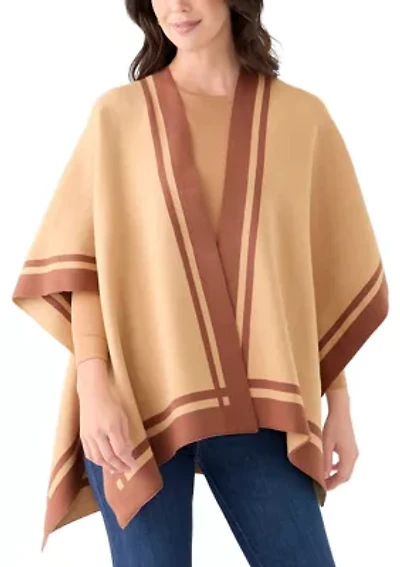 Women's Lurex Double Border Knit Striped Ruana Wrap