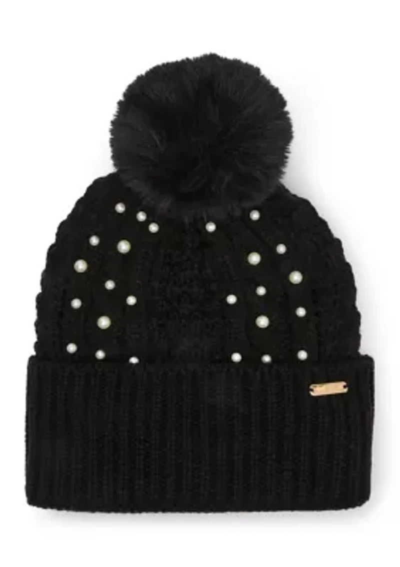 Mixed Cable Pearl Beanie and Glove Set