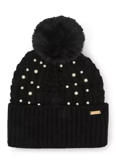 Mixed Cable Pearl Beanie and Glove Set