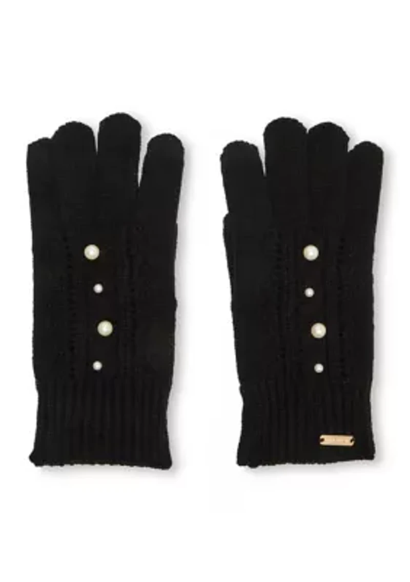 Mixed Cable Pearl Beanie and Glove Set