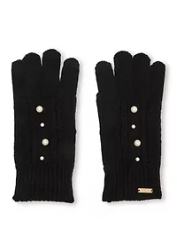 Mixed Cable Pearl Beanie and Glove Set