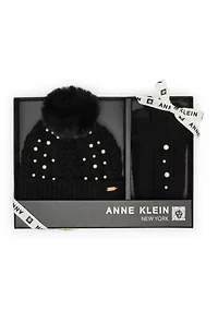 Mixed Cable Pearl Beanie and Glove Set