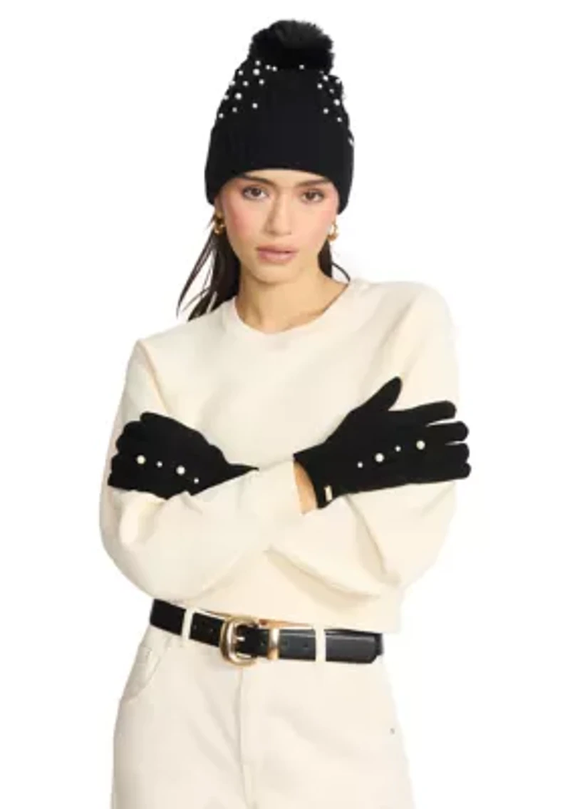 Mixed Cable Pearl Beanie and Glove Set