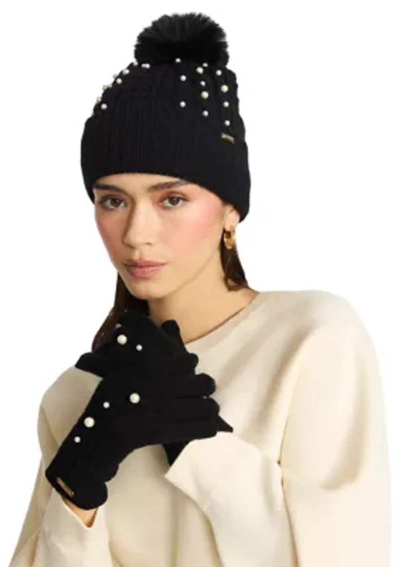 Mixed Cable Pearl Beanie and Glove Set
