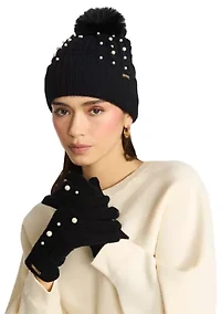 Mixed Cable Pearl Beanie and Glove Set