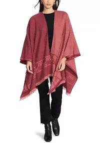 Women's Two Tone Fringe Hem Jacquard Knit Ruana