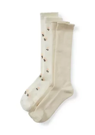 Piqué Floral Slouch Crew Socks - 2 Pack