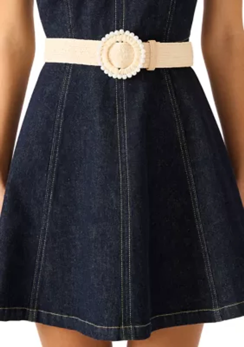 Pearl Trim Buckle Straw Belt