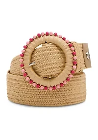 Straw Stretch Belt with Beaded Circle Buckle