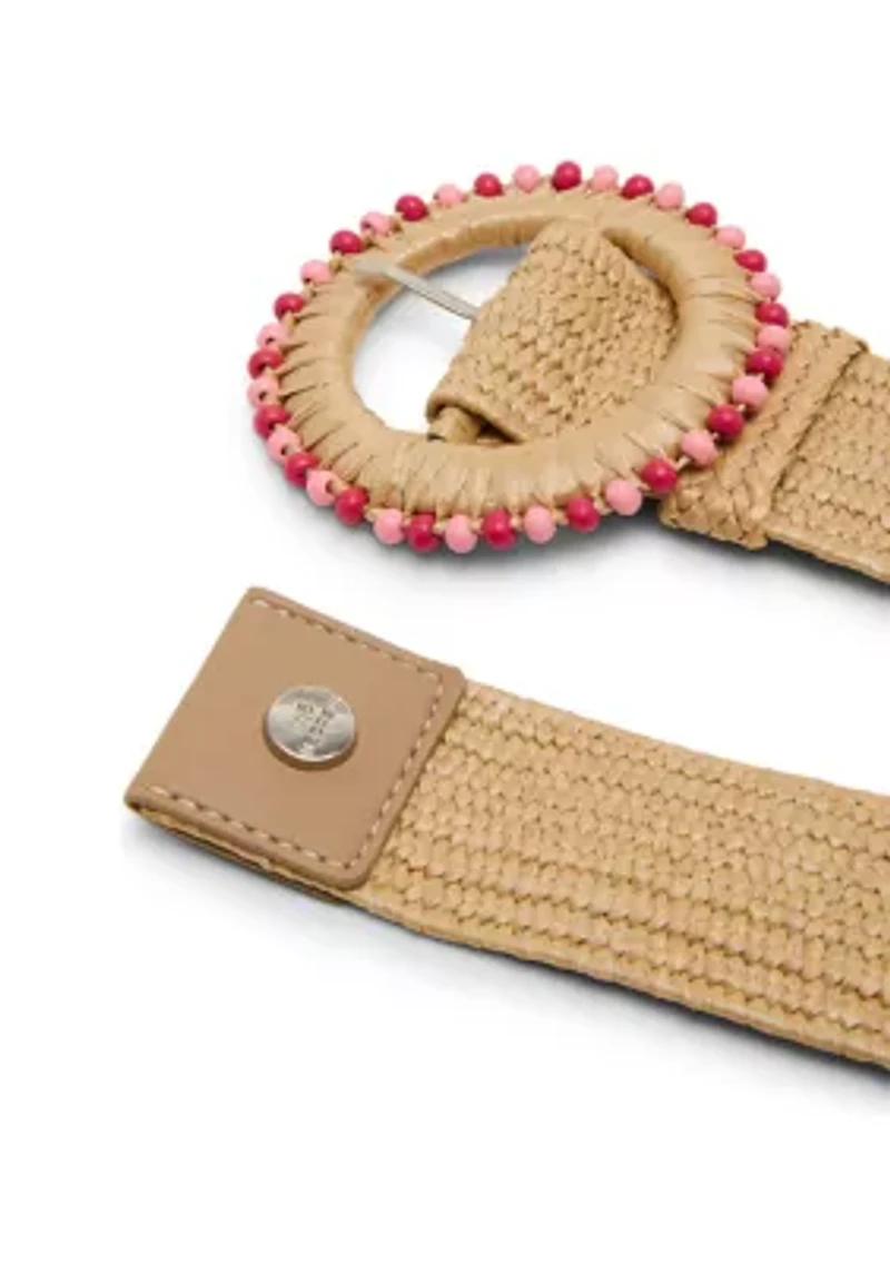 Straw Stretch Belt with Beaded Circle Buckle
