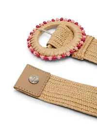 Straw Stretch Belt with Beaded Circle Buckle
