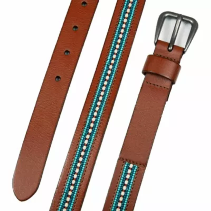 Turquoise Beaded Stripe Leather Belt