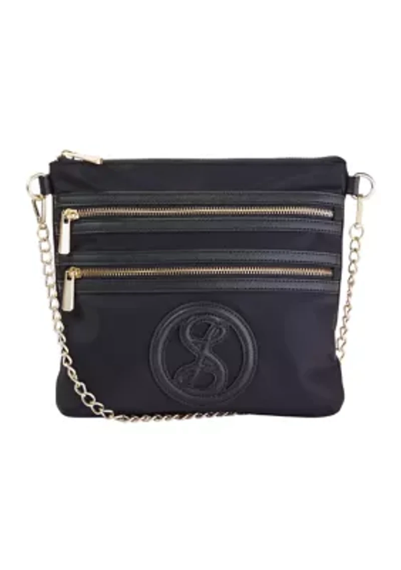 Saffiano Leather Trim Double Zip Crossbody 