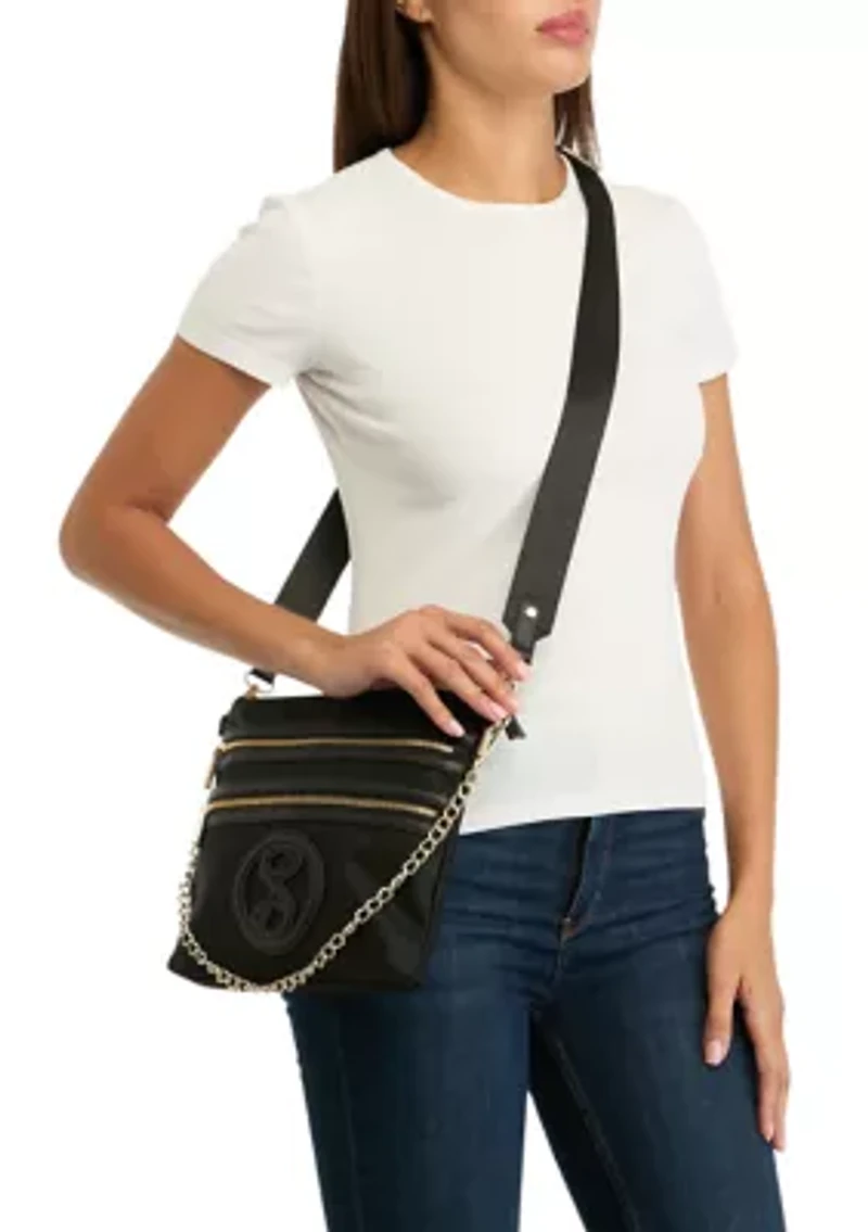 Saffiano Leather Trim Double Zip Crossbody 