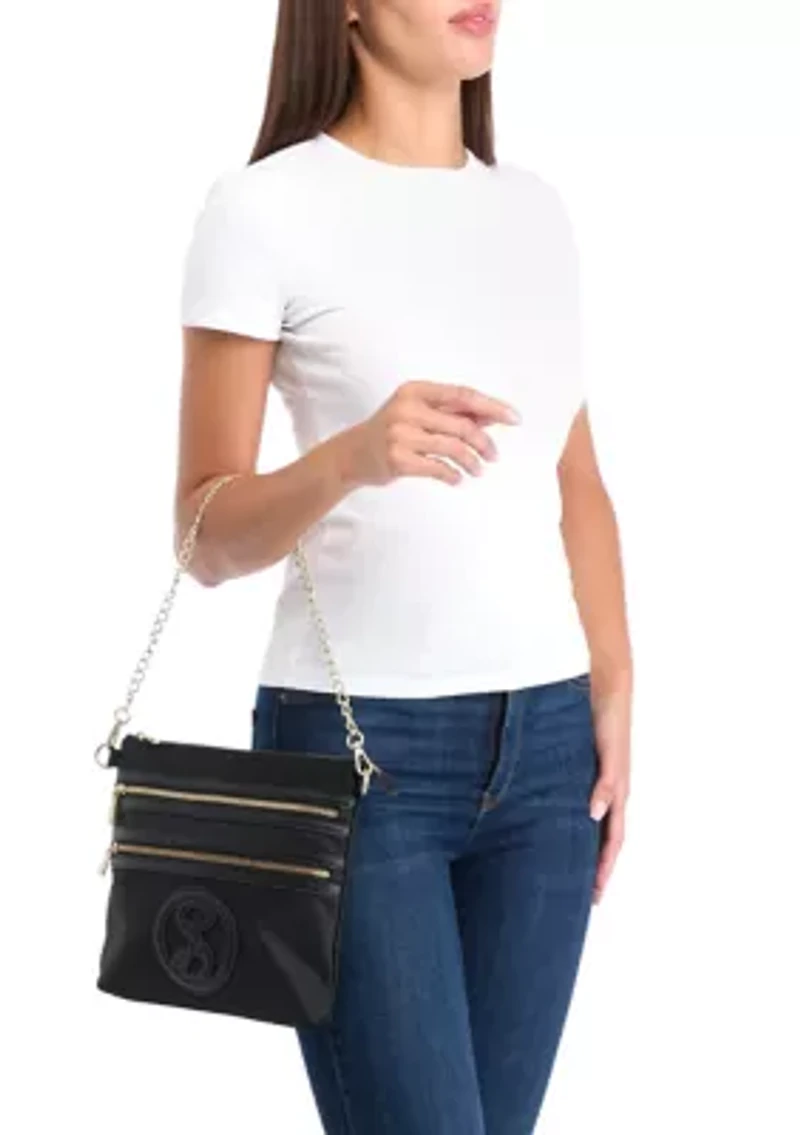 Saffiano Leather Trim Double Zip Crossbody 