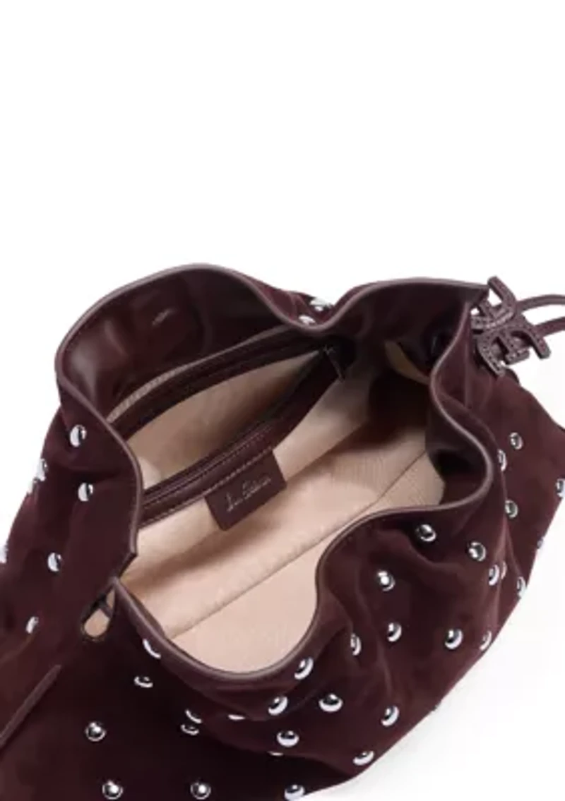 Poppy Oversized Drawstring Clutch - Studded Suede