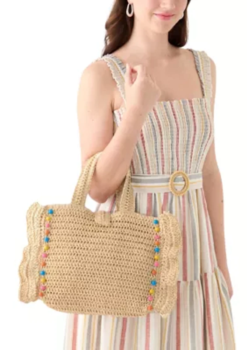 Wood Beaded Ruffle Tote