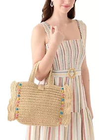 Wood Beaded Ruffle Tote