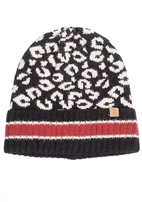LEOPARD BEANIE WITH STRIPE CUFF