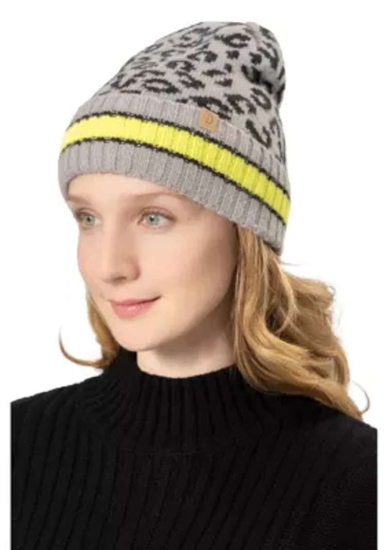 LEOPARD BEANIE WITH STRIPE CUFF