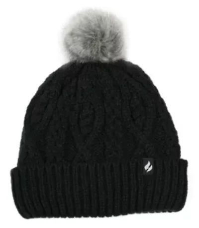 Brina Solid Cable Knit Roll Up Hat W/ Pom