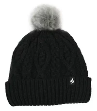 Brina Solid Cable Knit Roll Up Hat W/ Pom