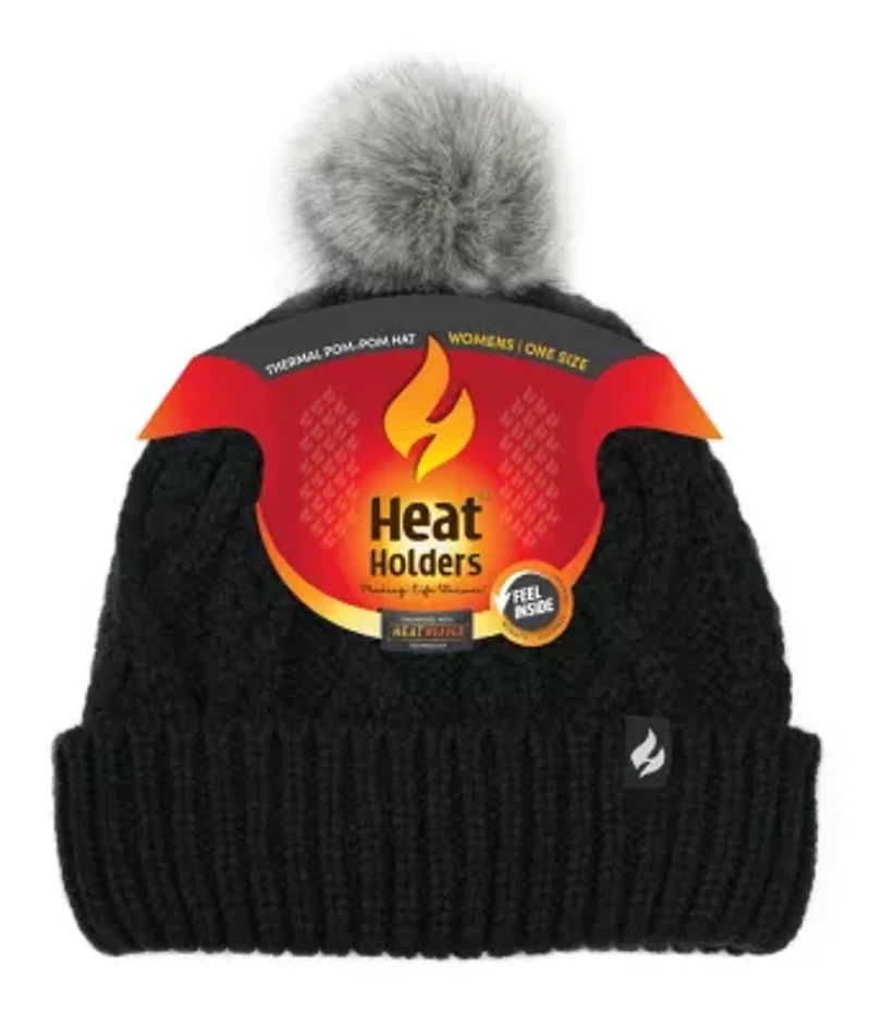 Brina Solid Cable Knit Roll Up Hat W/ Pom