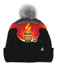 Brina Solid Cable Knit Roll Up Hat W/ Pom